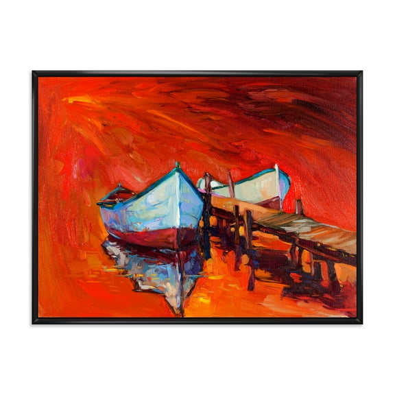 Designart 'Boats Near Coastal Town Resting On The Water IV' Nautical & Coastal Framed Canvas Wall Art Print
