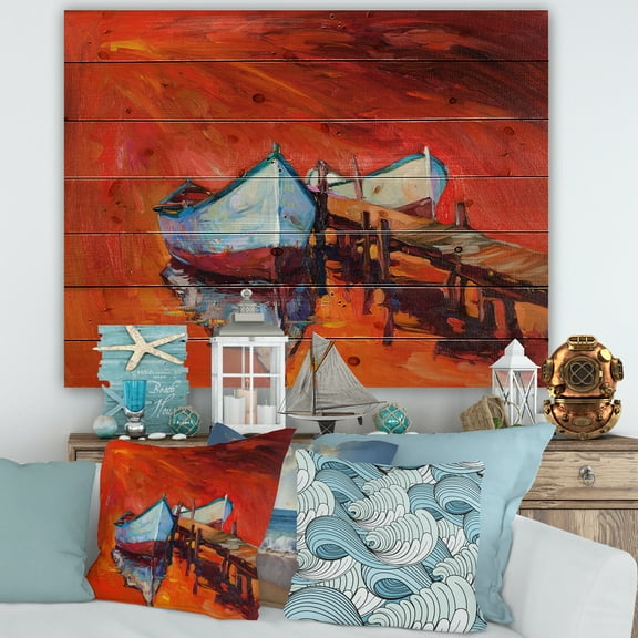 Designart 'Boats Near Coastal Town Resting On The Water IV' Nautical & Coastal Print on Natural Pine Wood