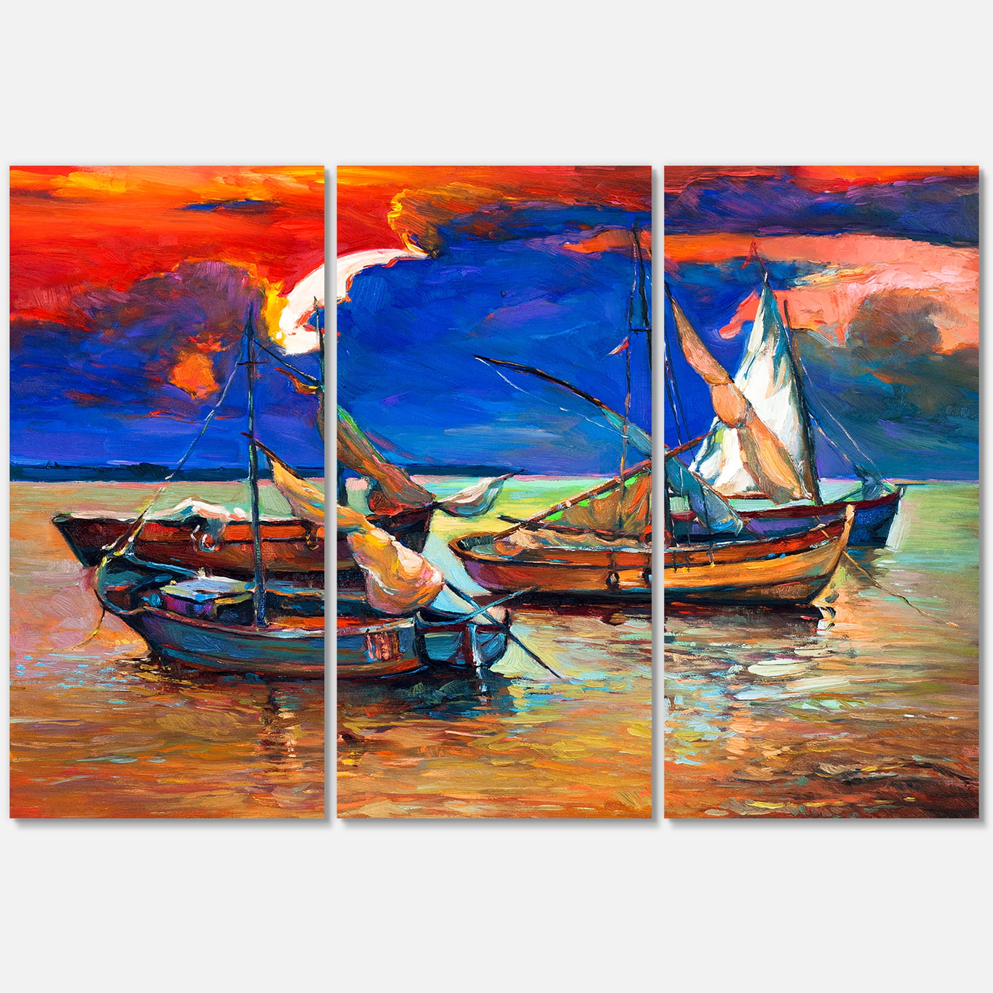 Designart ' Boats On The Water With Dark Blue Sky I ' Lake House Canvas Wall Art Print