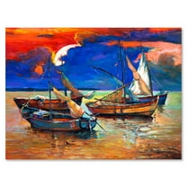 Designart ' Boats On The Water With Dark Blue Sky I ' Lake House Canvas Wall Art Print