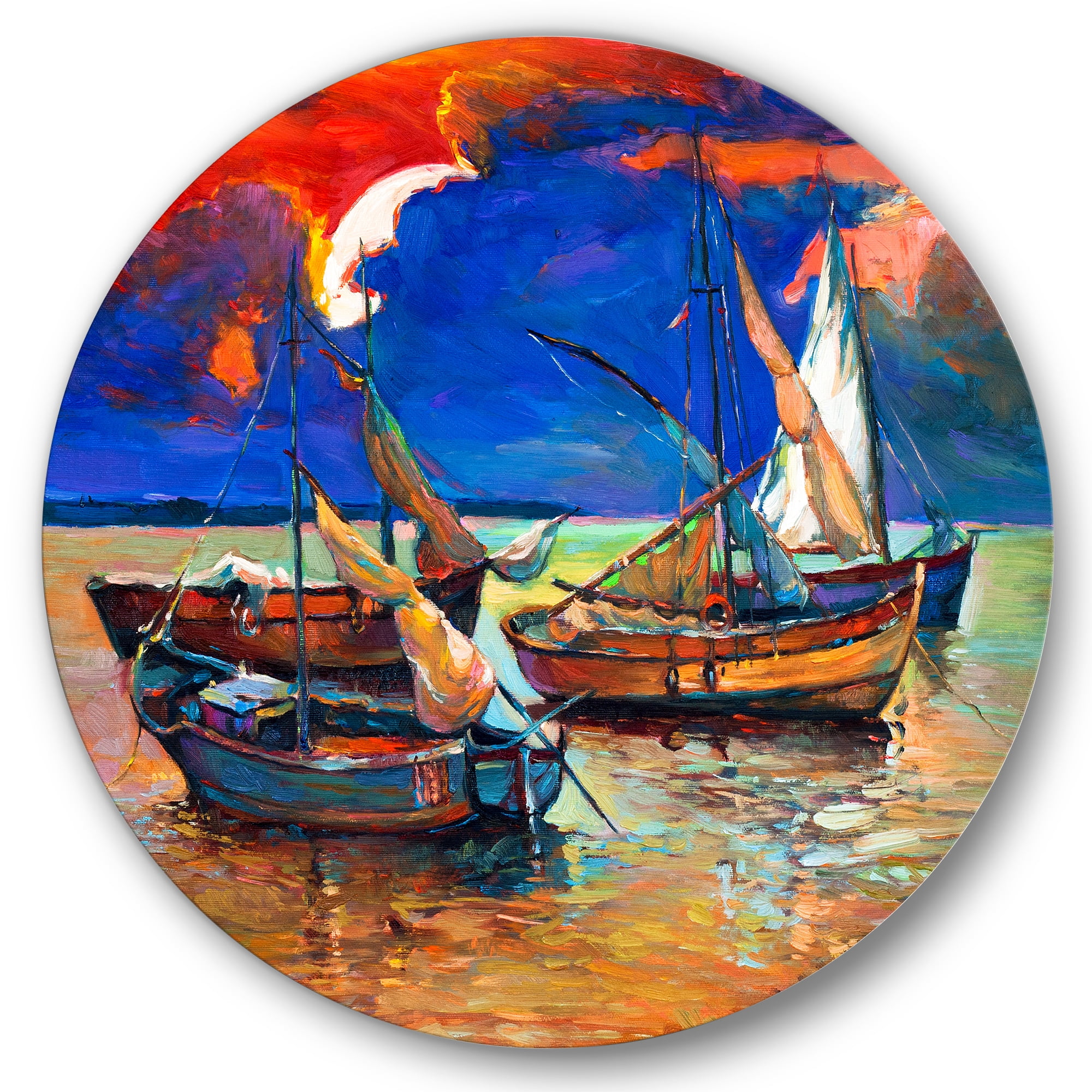 Designart 'Boats On The Water With Dark Blue Sky I' Lake House Circle Metal Wall Art 23x23 - Disc of 23