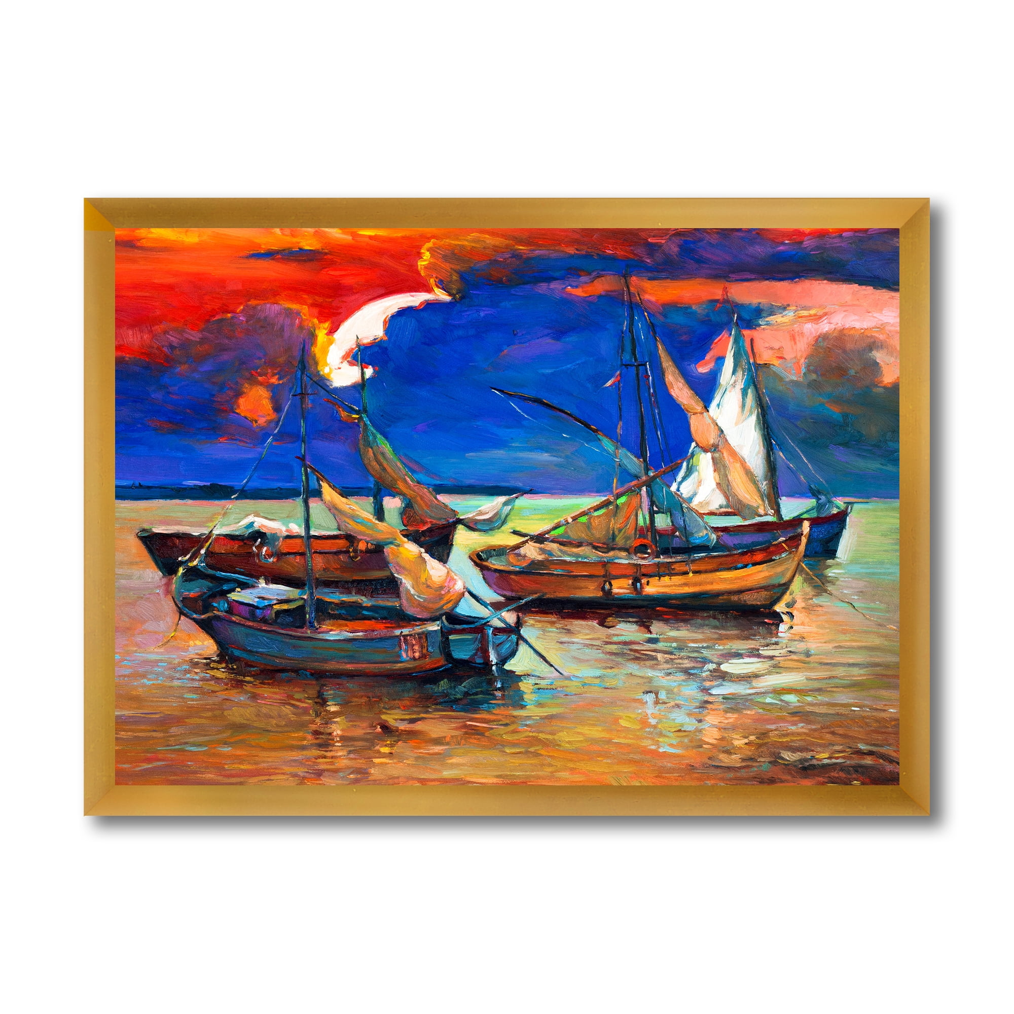Designart 'Boats On The Water With Dark Blue Sky I' Lake House Framed Art Print