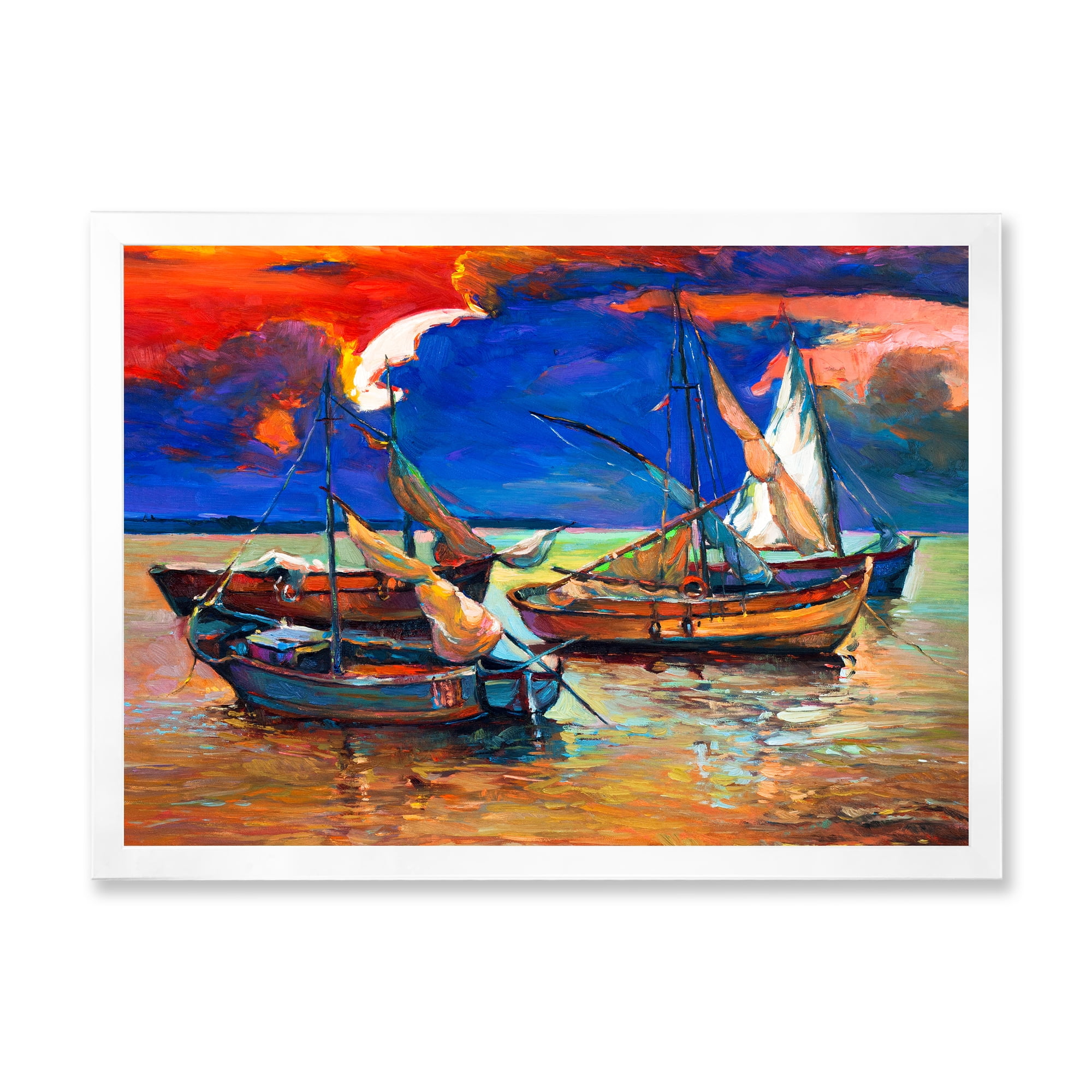 Designart 'Boats On The Water With Dark Blue Sky I' Lake House Framed Art Print