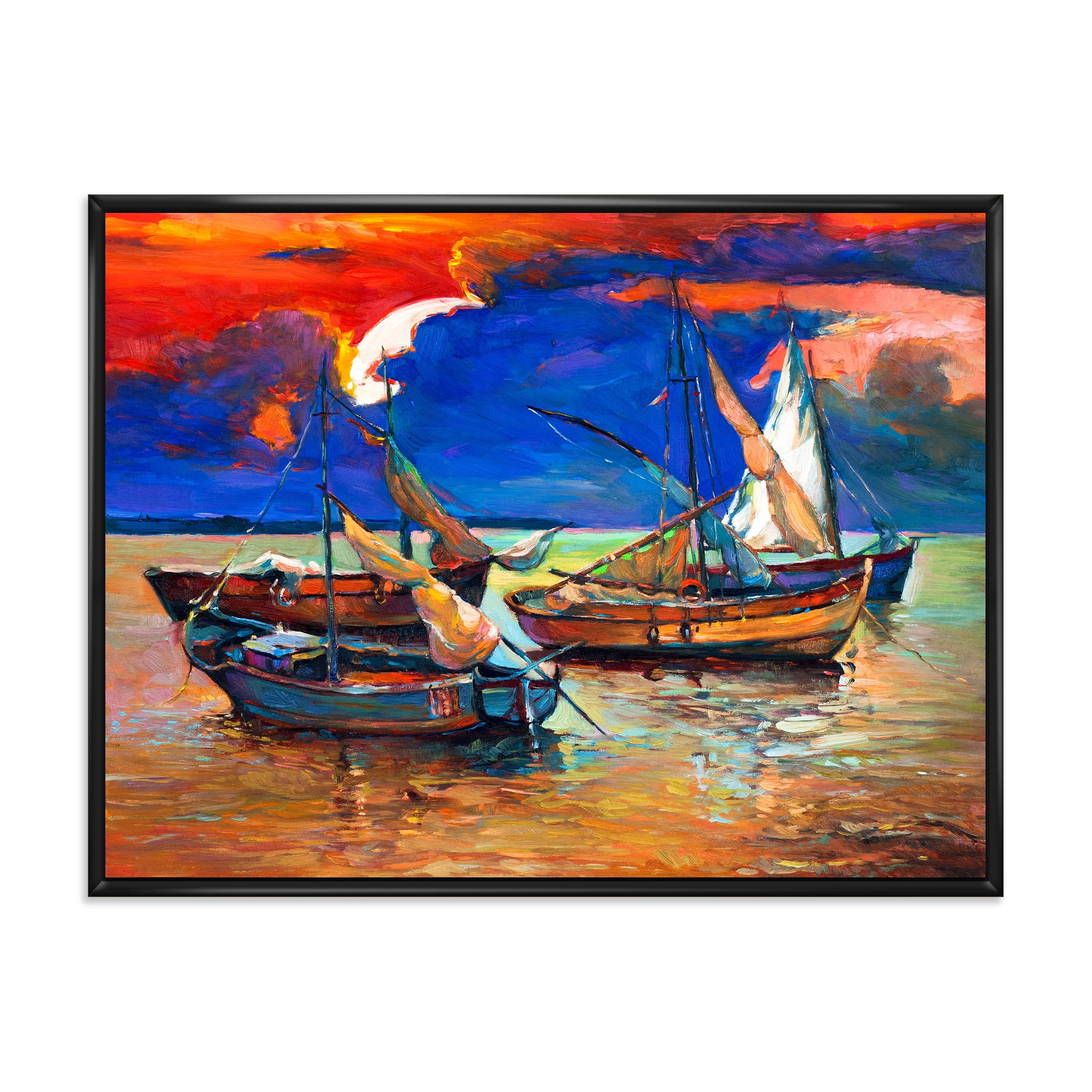 Designart 'Boats On The Water With Dark Blue Sky I' Lake House Framed Canvas Wall Art Print