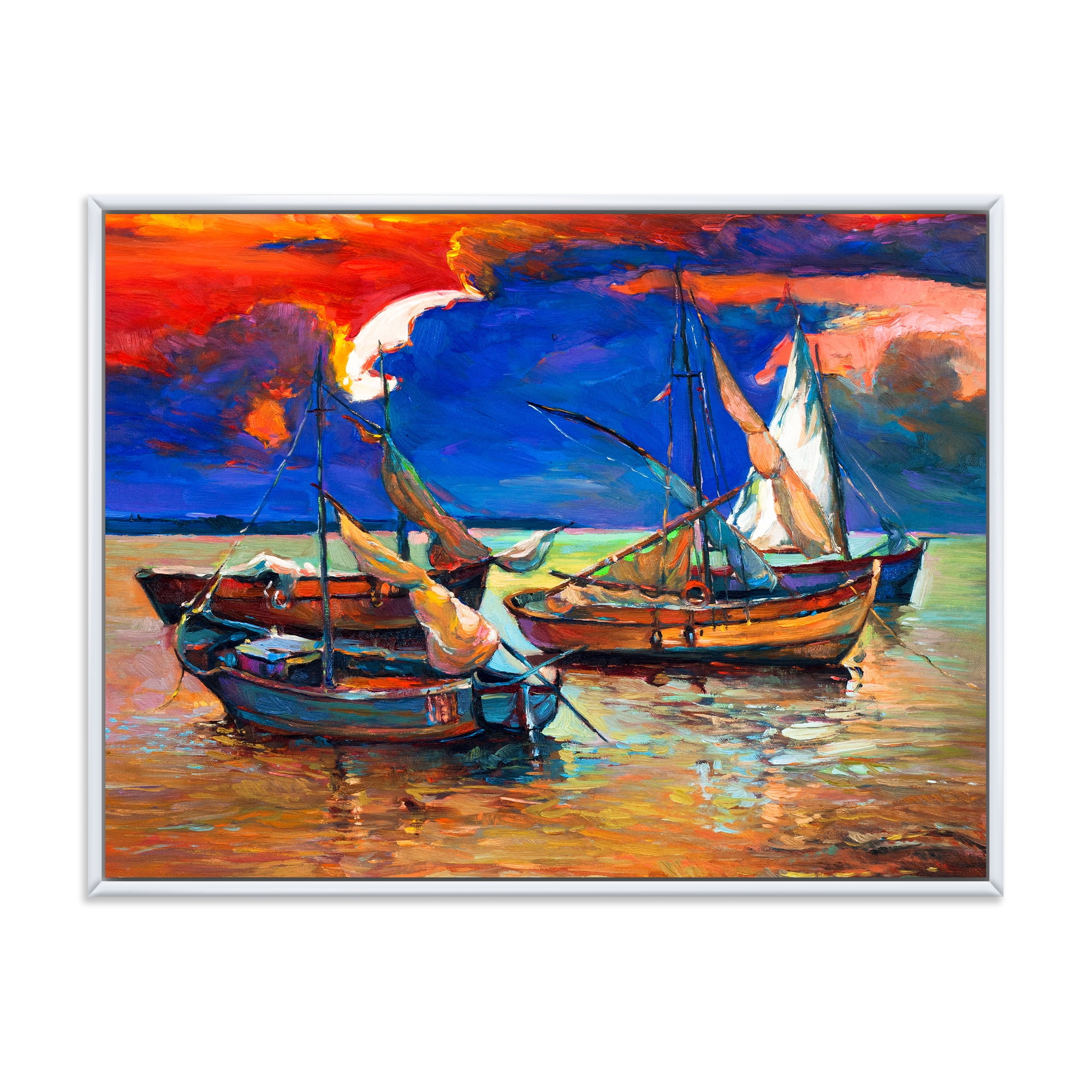 Designart 'Boats On The Water With Dark Blue Sky I' Lake House Framed Canvas Wall Art Print