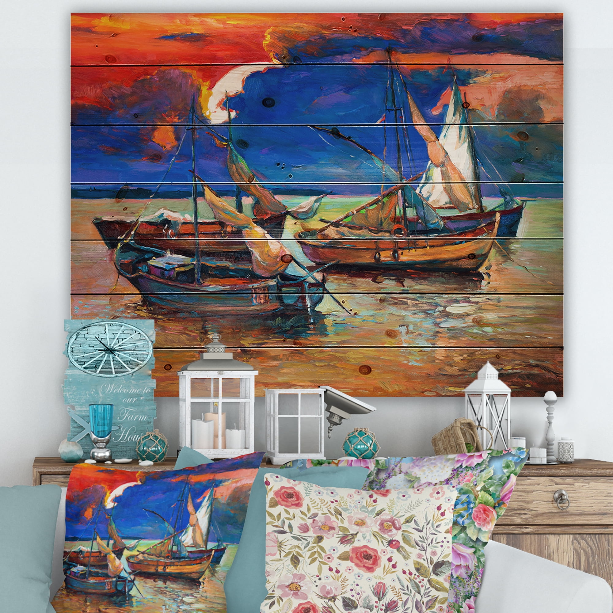 Designart 'Boats On The Water With Dark Blue Sky I' Lake House Print on Natural Pine Wood