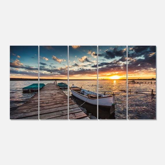 Designart 'Boats and Jetty under Dramatic Sky ' Modern Canvas Art Print