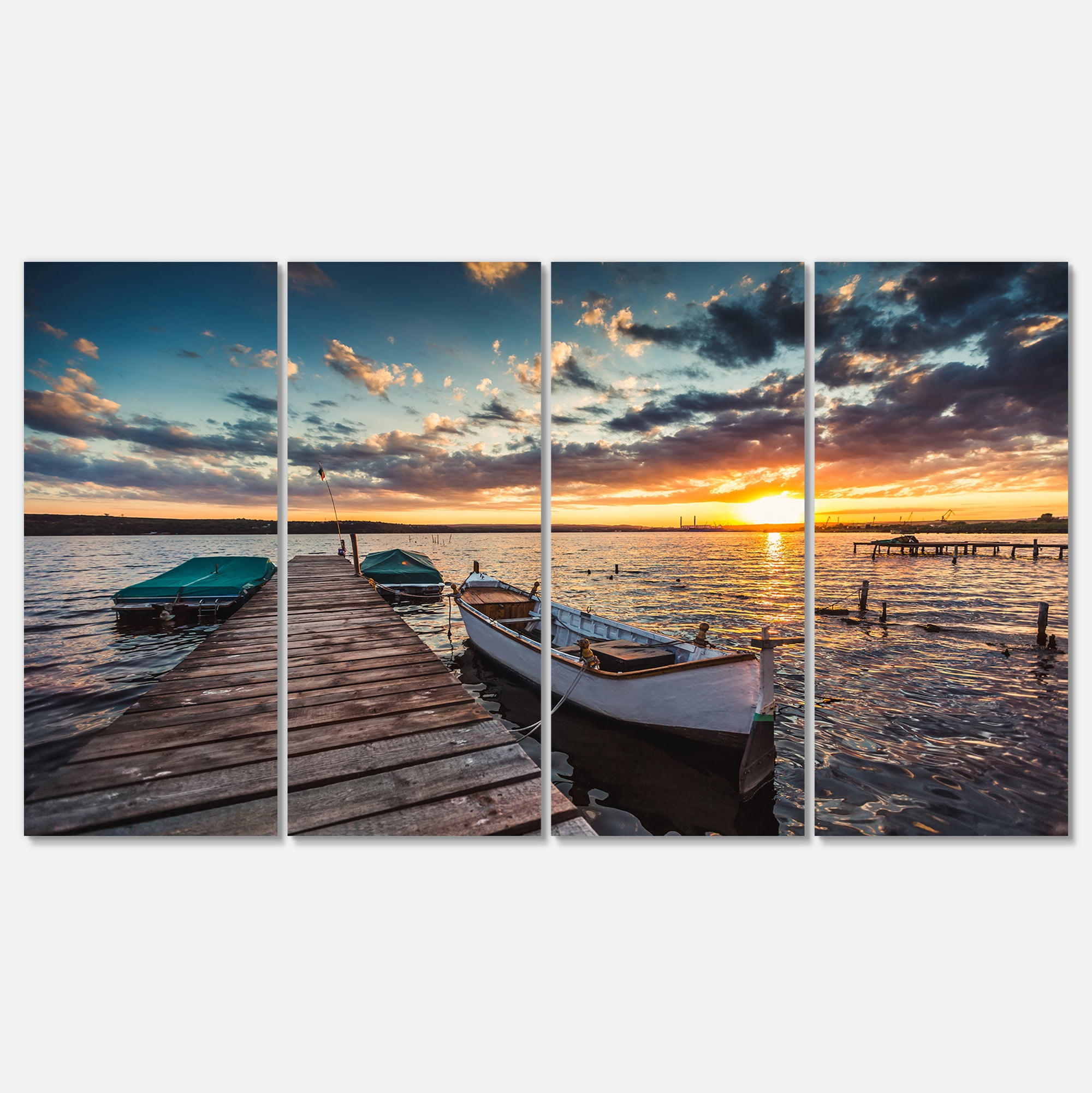 Sunset Boats and Jetty 48"x28" Canvas Art Print