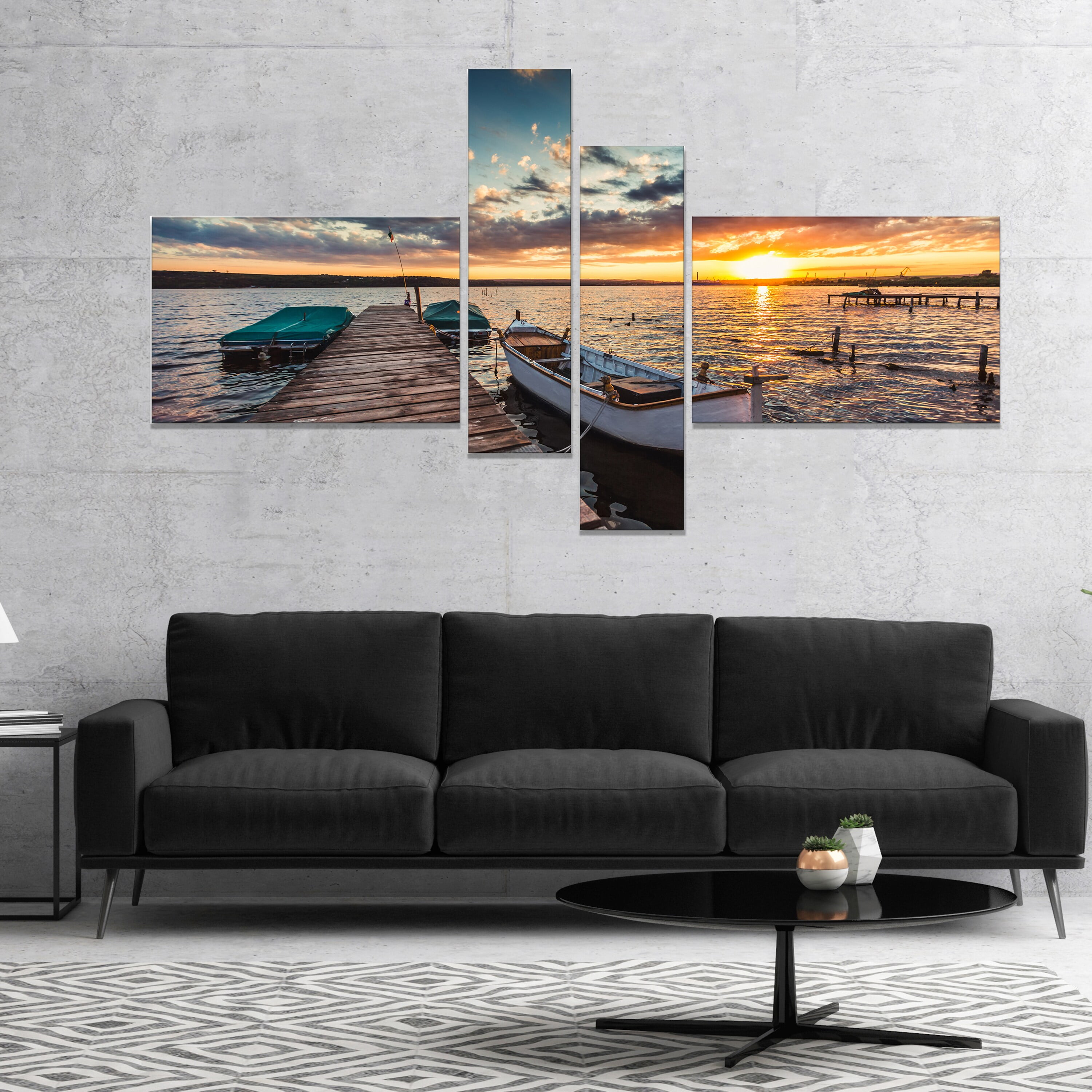 Designart 'Boats and Jetty under Dramatic Sky ' Modern Canvas Art Print