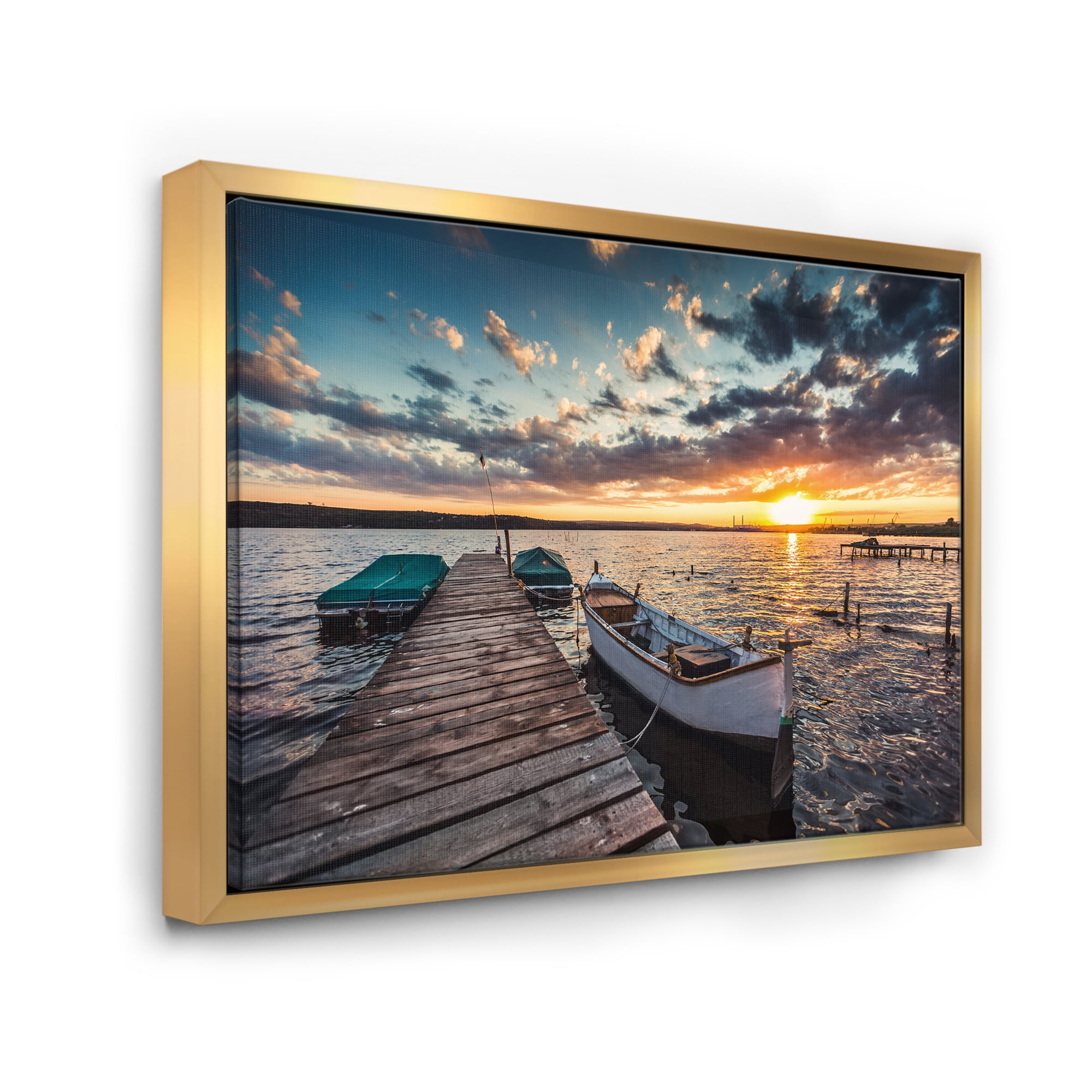 Designart ' Boats and Jetty under Dramatic Sky ' Modern Framed Canvas Art Print