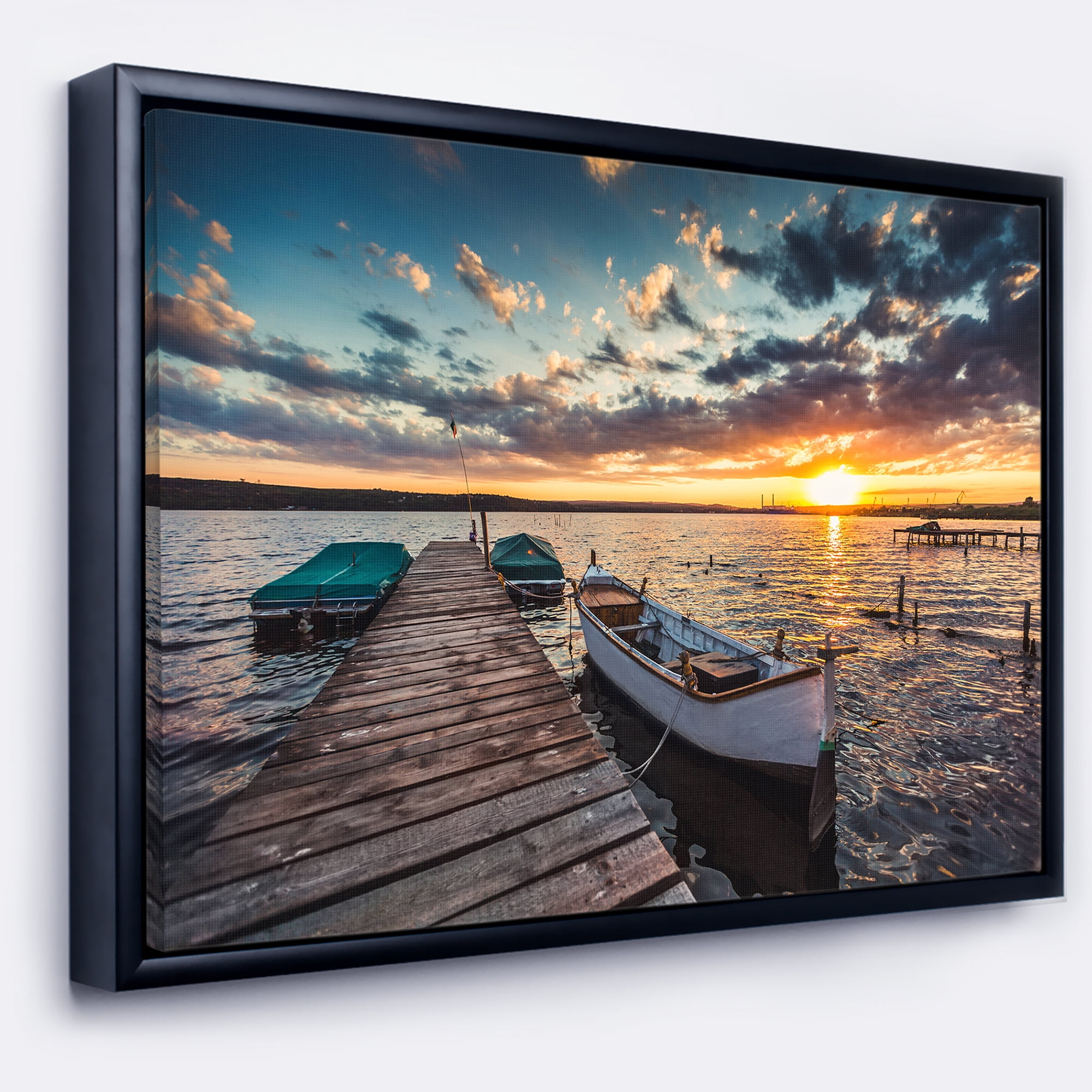 Designart ' Boats and Jetty under Dramatic Sky ' Modern Framed Canvas Art Print