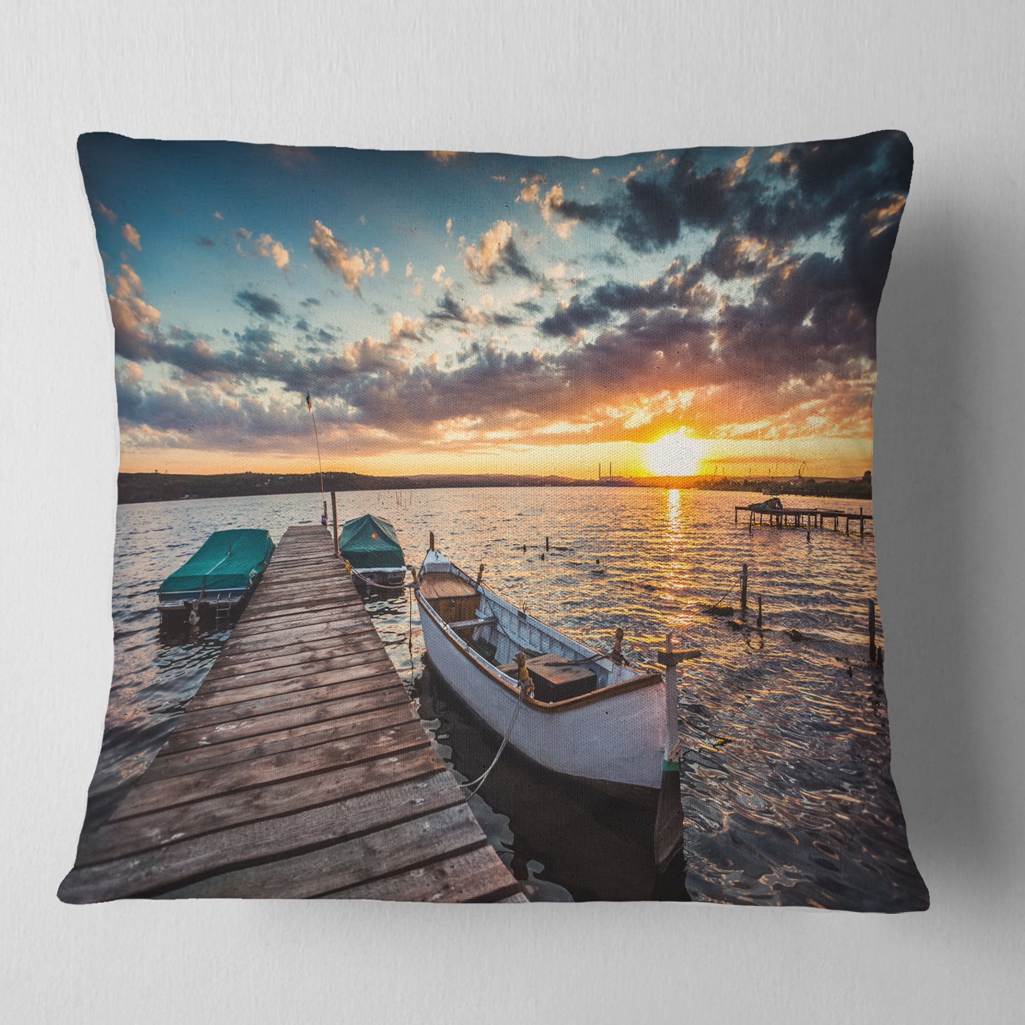 Designart Boats and Jetty under Dramatic Sky - Modern Throw Pillow - 16x16