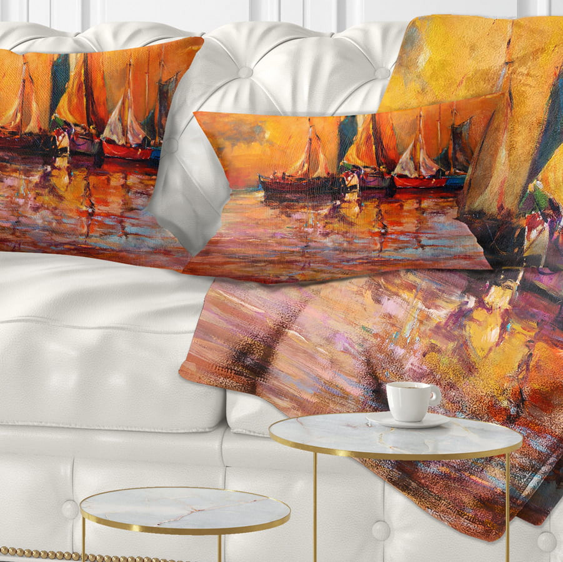 Designart Boats and Ocean in Red - Seascape Throw Pillow - 12x20
