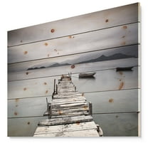 Designart 'Boats and Pier at Seashore' Bridge Print on Natural Pine Wood