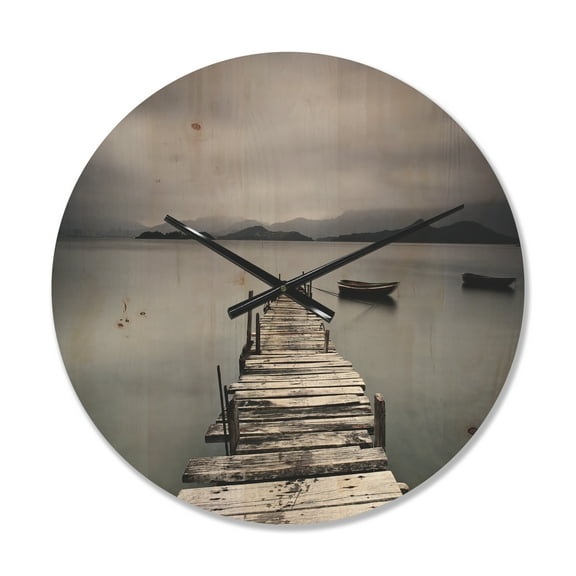 Designart 'Boats and Pier at Seashore' Modern Wood Wall Clock