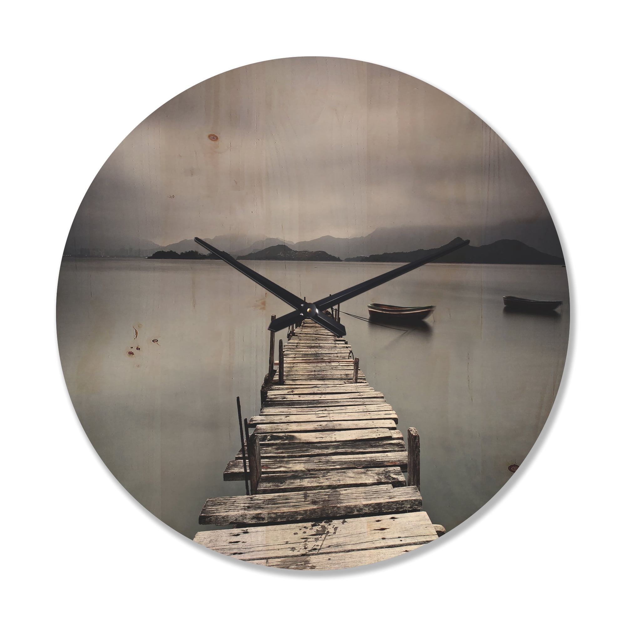 Designart 'Boats and Pier at Seashore' Modern Wood Wall Clock