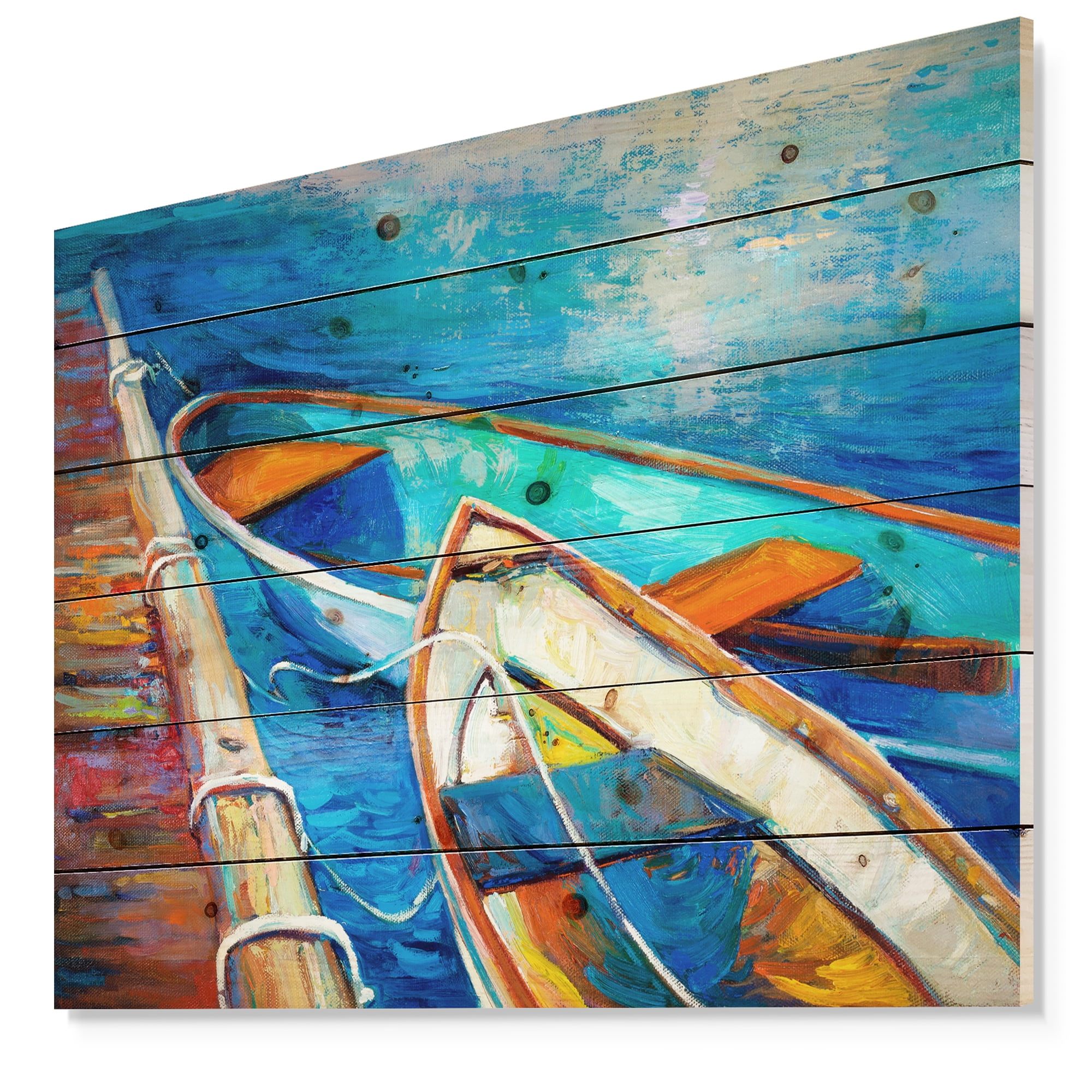 Designart 'Boats and Pier in Blue Shade ' Sea & Shore Print on Natural Pine Wood