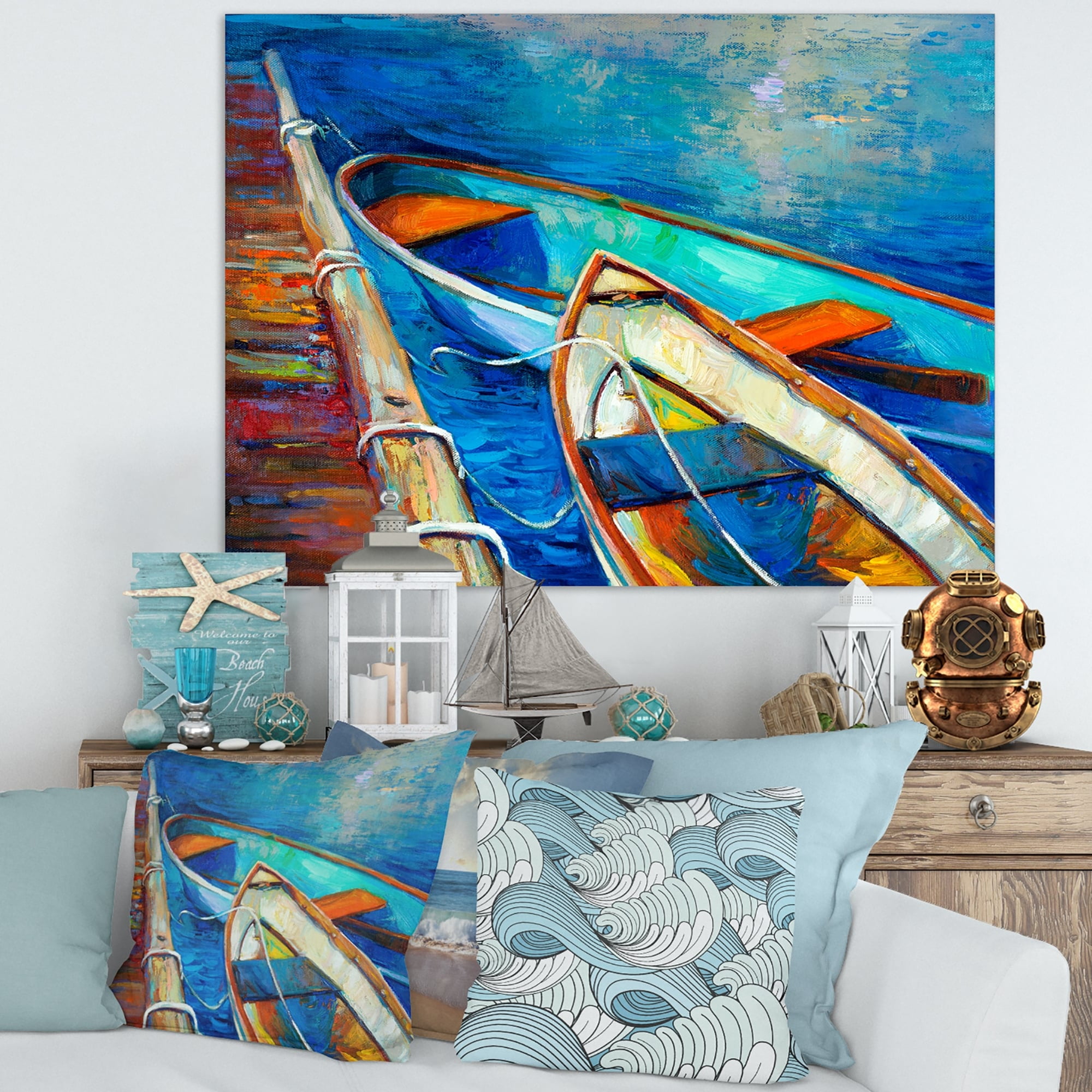Designart 'Boats and Pier in Blue Shade ' Seascape Canvas Art Print