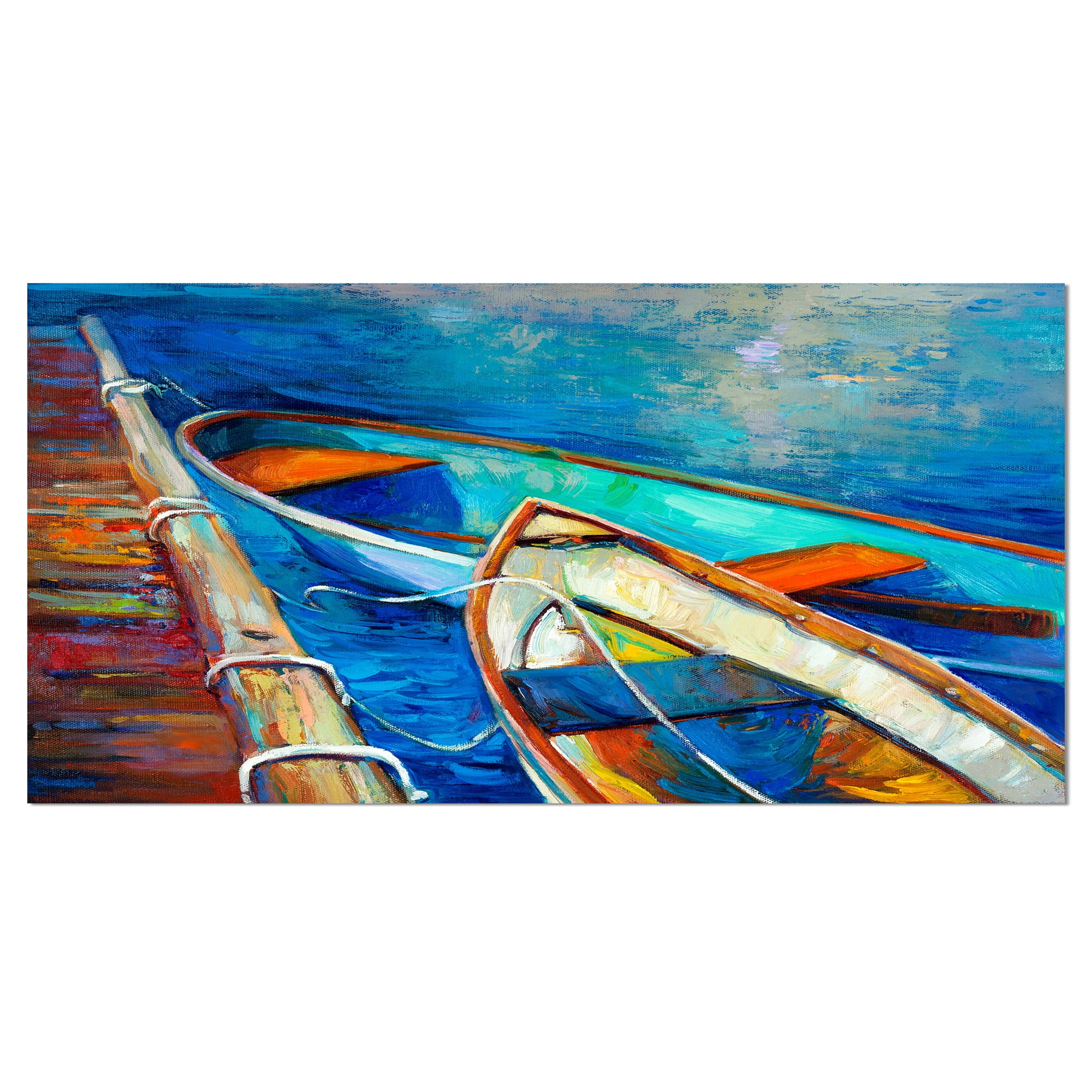 Designart 'Boats and Pier in Blue Shade ' Seascape Canvas Art Print