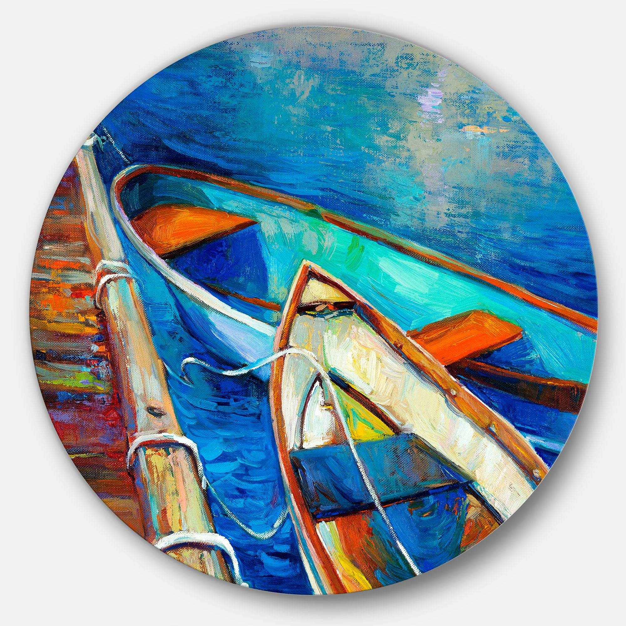 Blue and Orange Boats Seascape Metal Wall Art, 23"