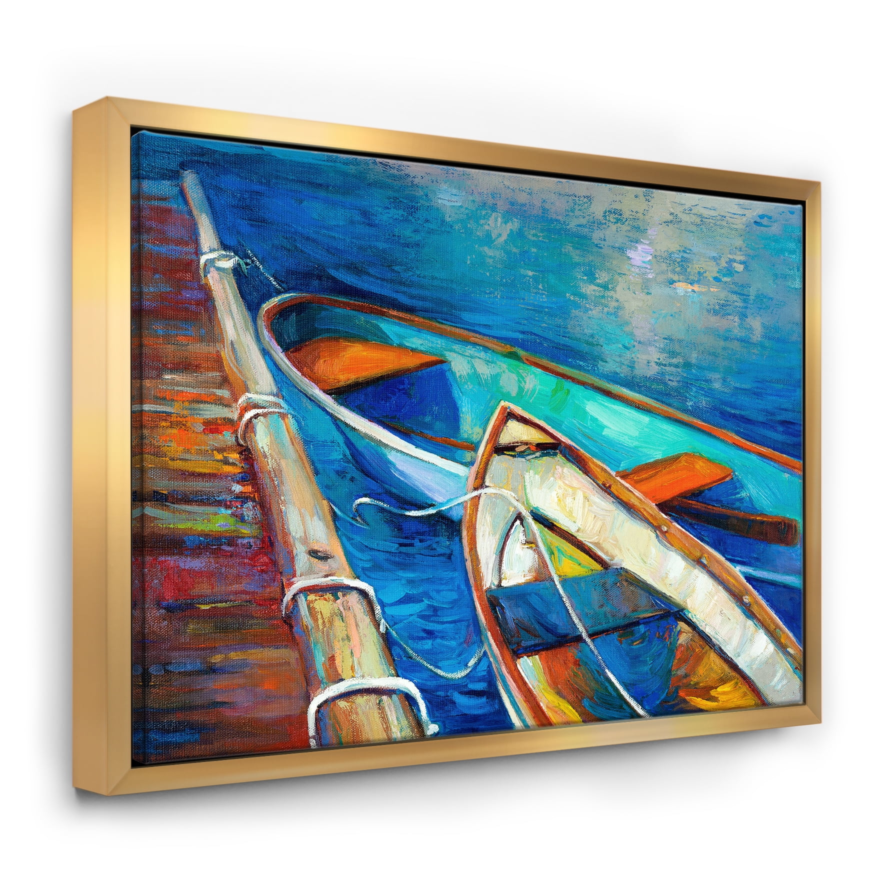 Designart ' Boats and Pier in Blue Shade ' Seascape Framed Canvas Art Print