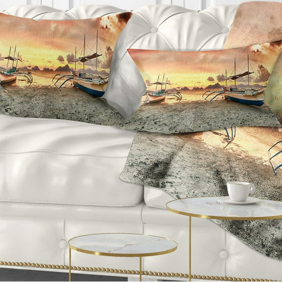 Designart Boats at Sunset - Seashore Photography Throw Pillow - 12x20