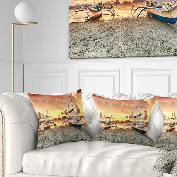 Designart Boats at Sunset - Seashore Photography Throw Pillow - 18x18