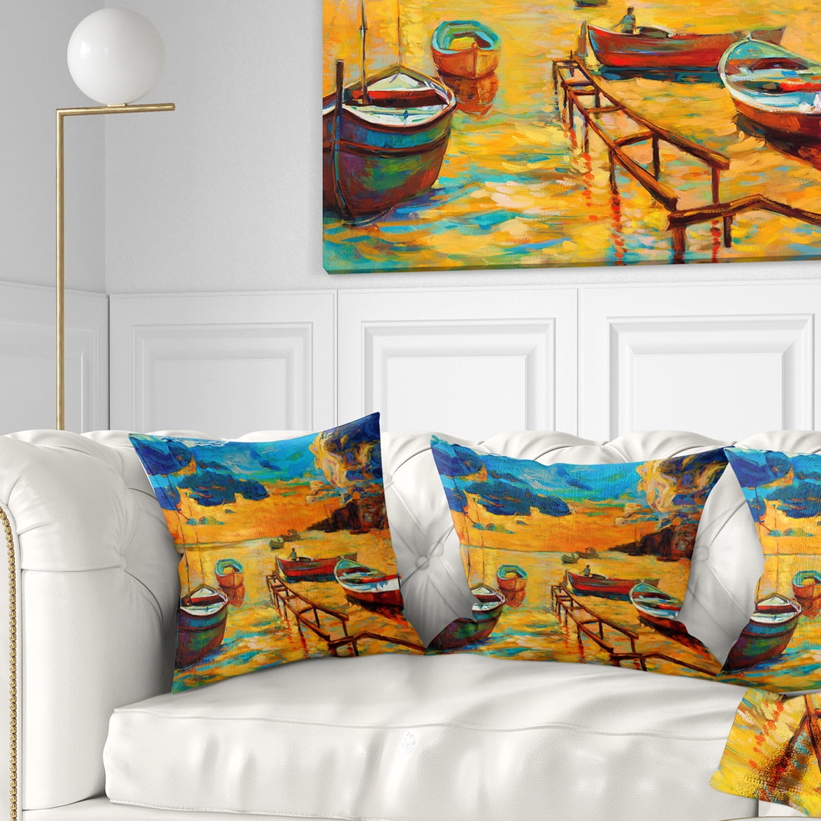 Designart Boats in Beautiful Sea - Seascape Throw Pillow - 16x16