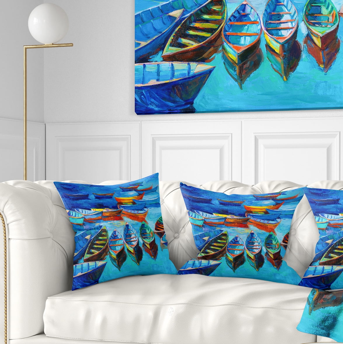 Designart Boats in Blue Sea - Seascape Throw Pillow - 16x16
