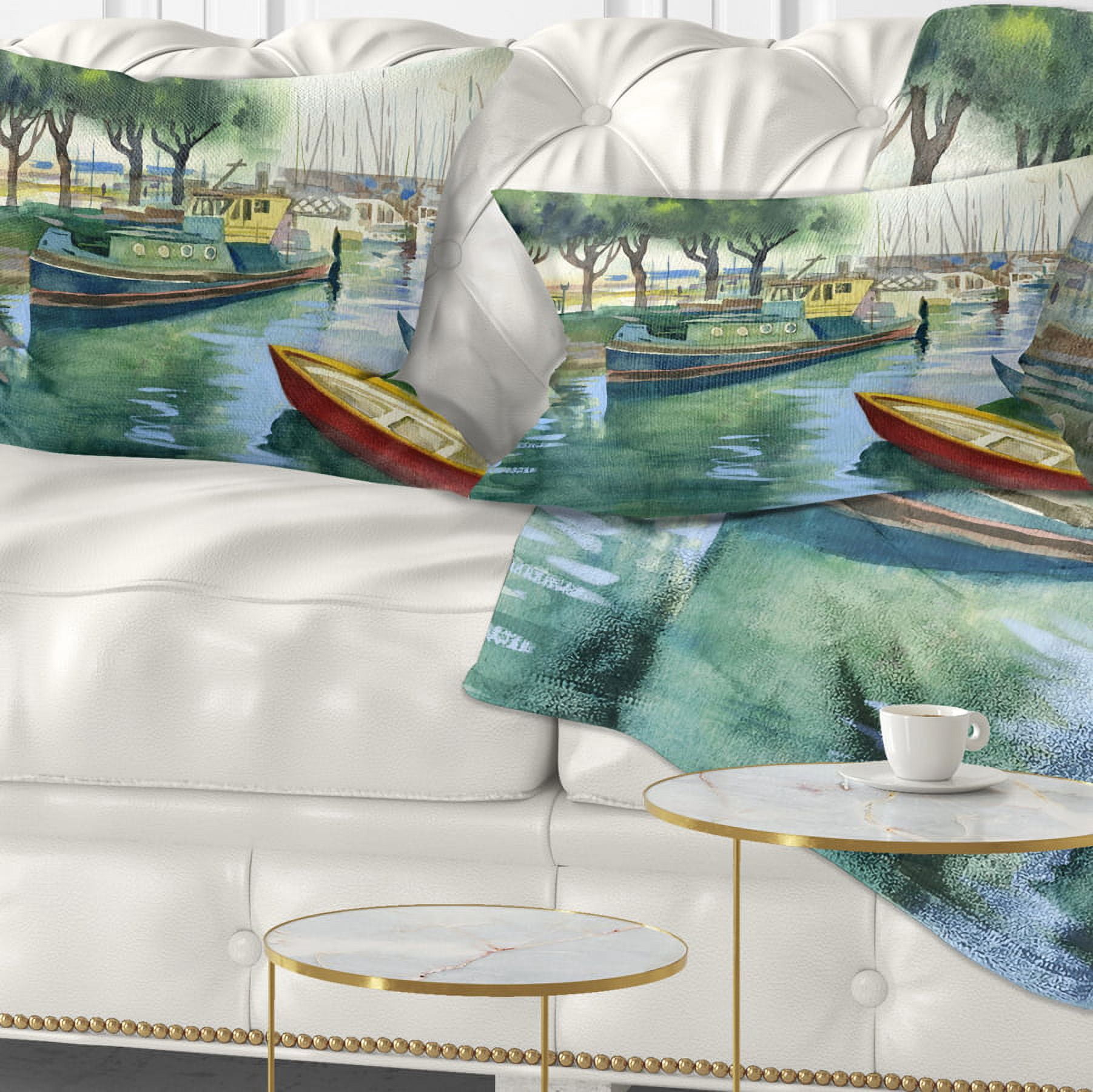 Designart Boats in River Watercolor - Landscape Printed Throw Pillow - 12x20