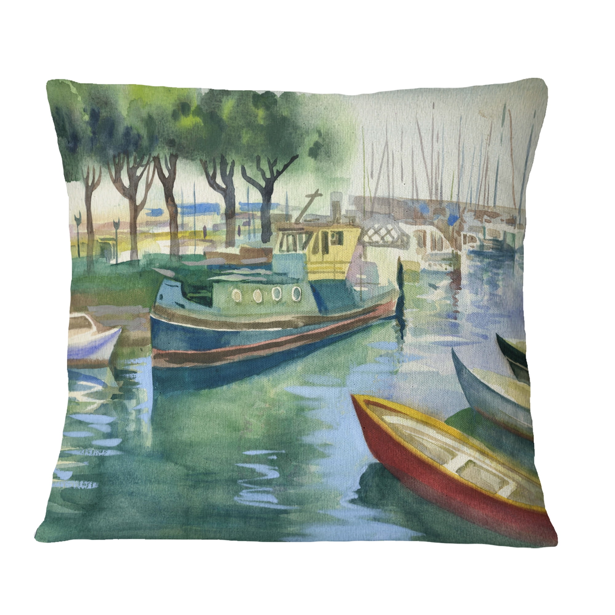 Designart Boats in River Watercolor - Landscape Printed Throw Pillow - 18x18