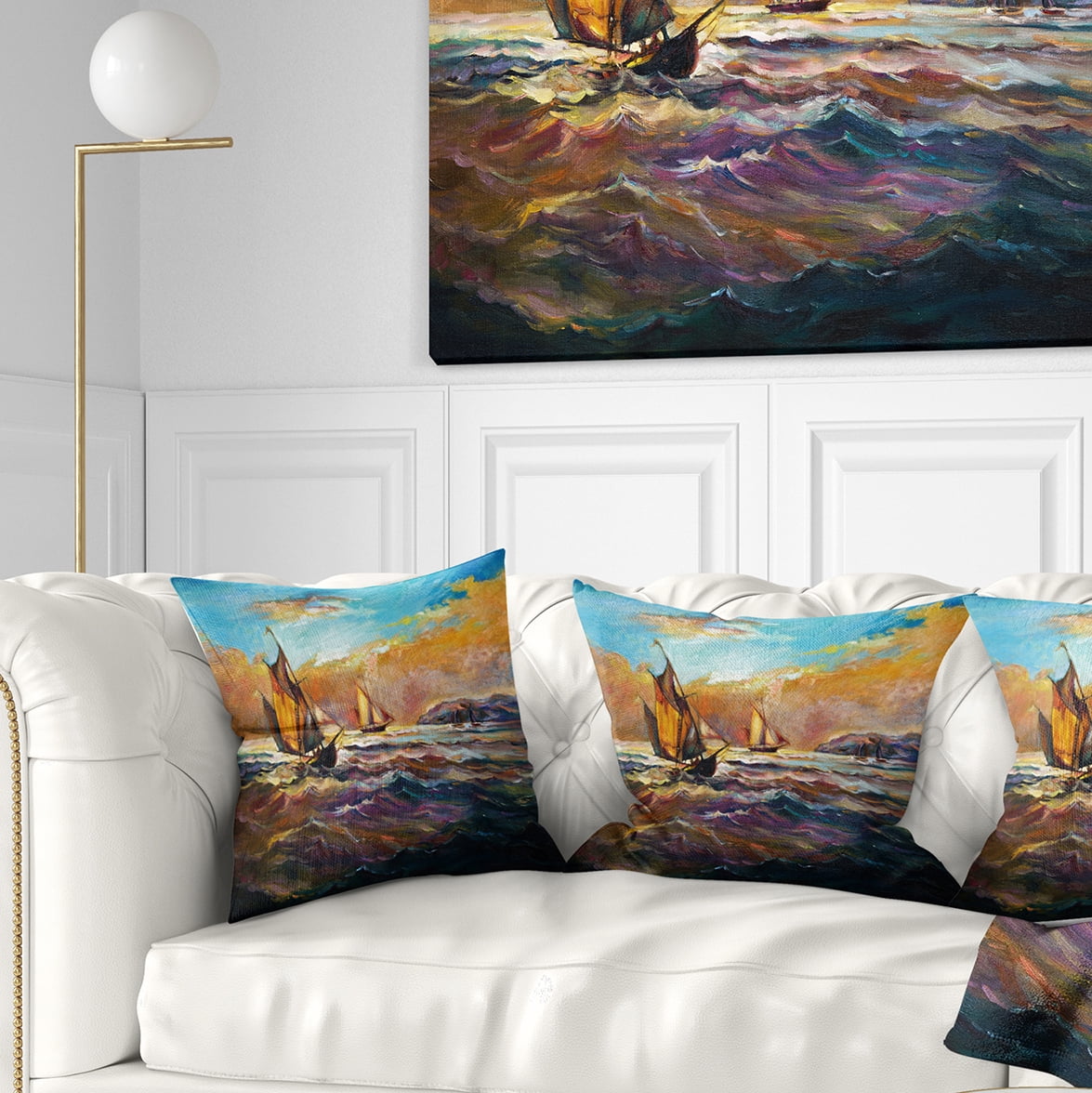 Designart Boats in Roaring Sea - Seascape Throw Pillow - 18x18