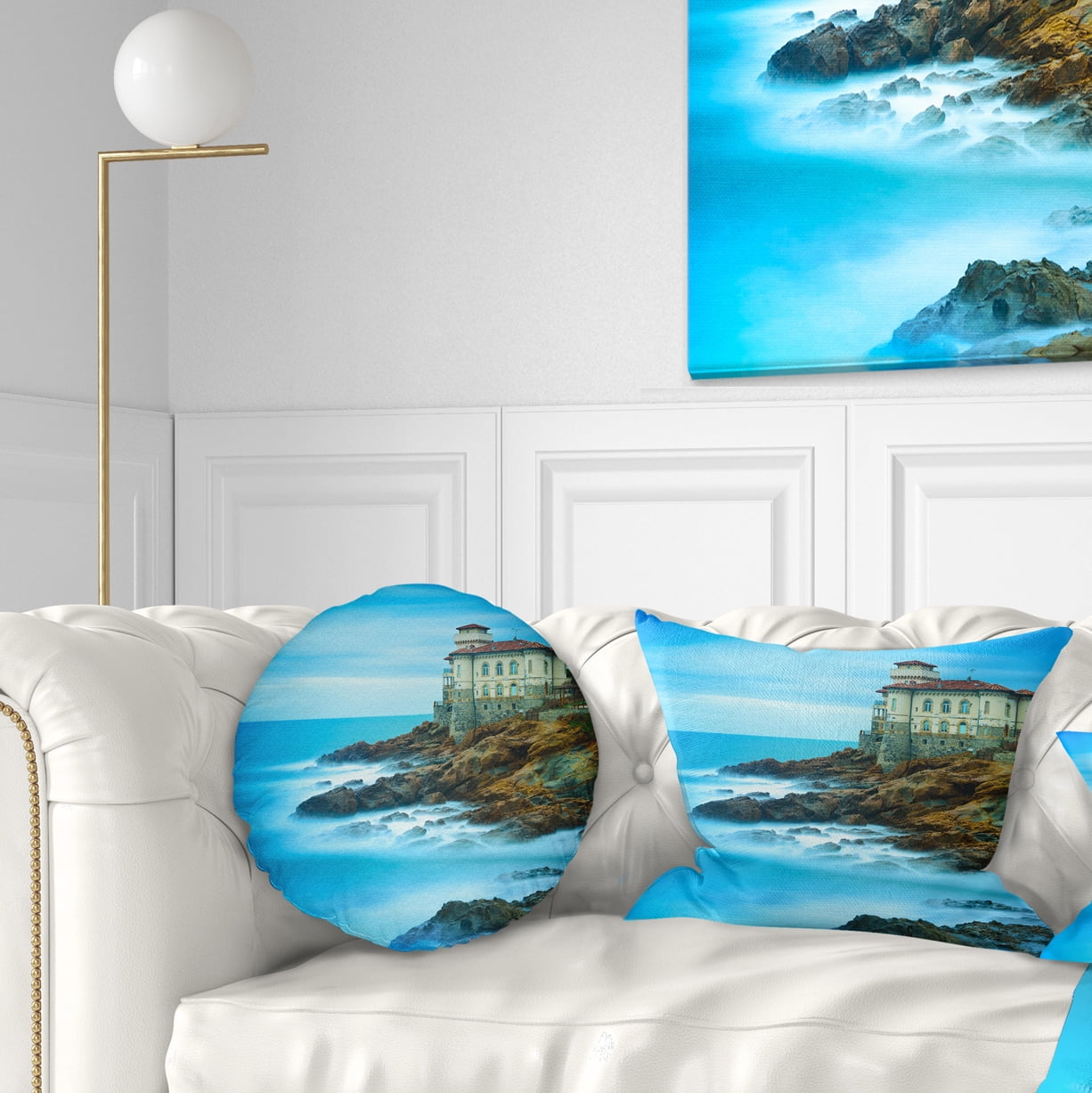 Designart Boccale Castle on Cliff Rock and Sea - Beach Photo Throw Pillow - 12x20