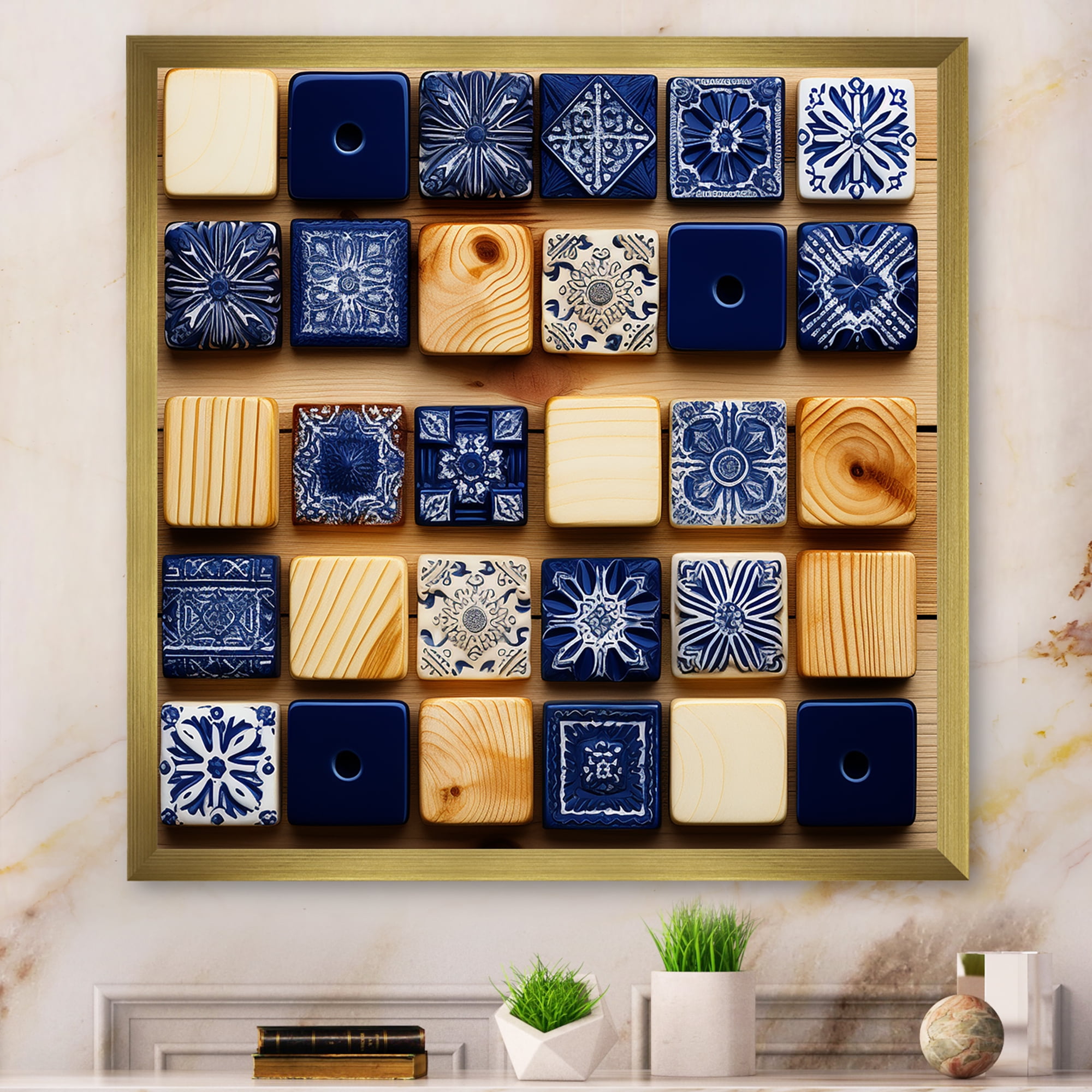 Designart "Bohemian Blue Tile Patterns" Geometric Framed Wall Art Decor