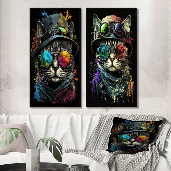 Designart "Bohemian Cat Cool in Sunglasses I" Animals Cat Framed Wall Art Set Of 2 - Children's Art Green Frame Gallery Set For Office Decor