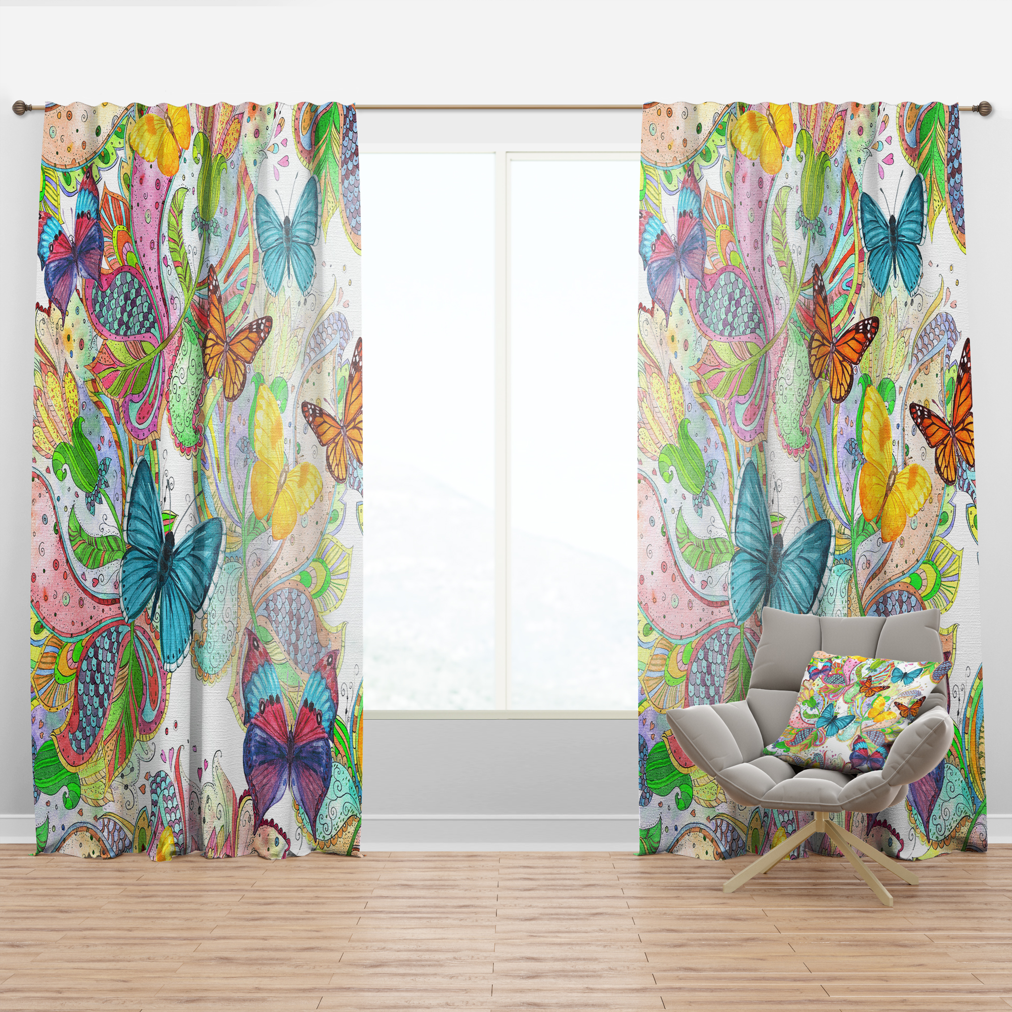 Designart 'Bohemian Colorful Butterflies' Floral Curtain Panel
