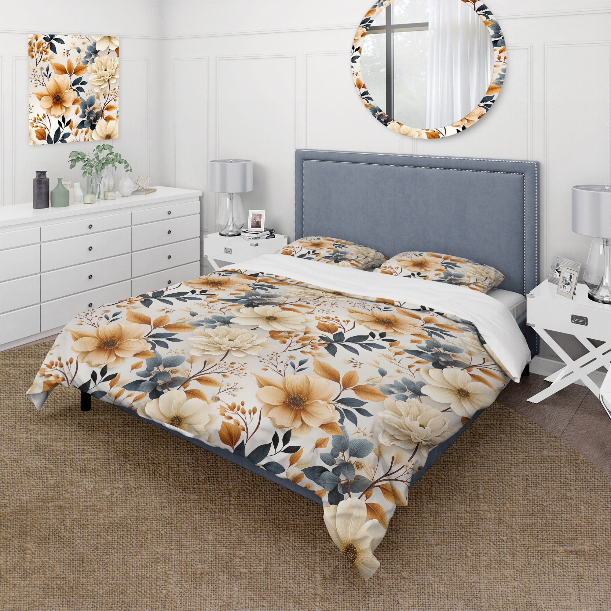Boho Earthy Floral Queen Duvet Cover Set in Beige Microfiber