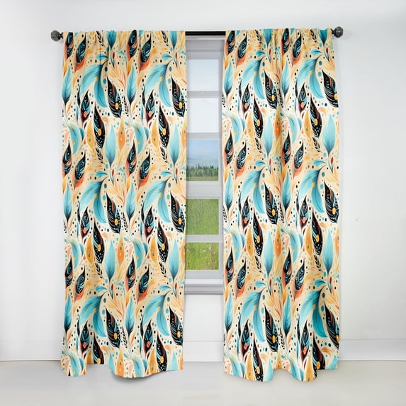 Designart "Bohemian Eclectic Feathers In Yellow And Blue" Boho Blackout Curtain Panels