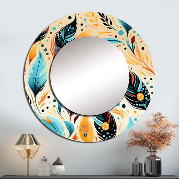 Designart "Bohemian Eclectic Feathers In Yellow And Blue" Boho Rund Mirror For Wall Decor - Large Orange Round Print Mirror - Round Bohemian Mirror - Wall Mounted Round Large Mirror - 29" x 29"