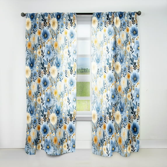 Designart "Bohemian Elegance In Blue" Floral Blue, Yellow Curtain 1 Panel
