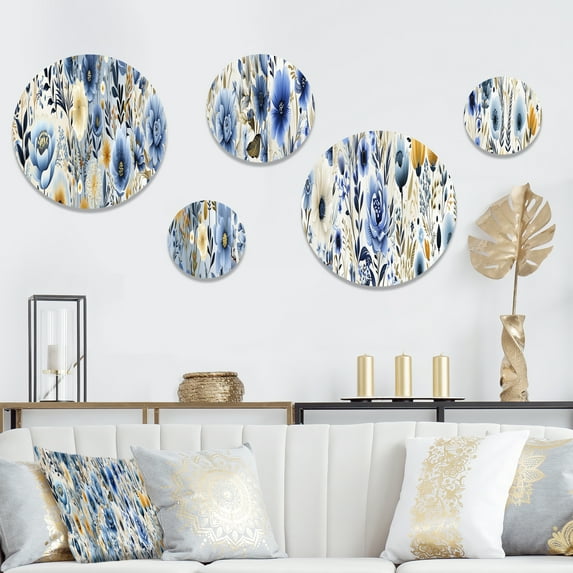 Designart "Bohemian Elegance In Blue" Floral Round Wall Art Set Of 5 - Blue Cottage Office Room Wall Art Set