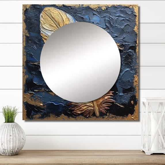 Designart "Bohemian Glamor Luxurious Gold On Blue Plumage III" Feathers Square Mirror For Wall Decor - Large Gold Square Mirror Printed Wall Decor - Modern Square Living Room Mirror