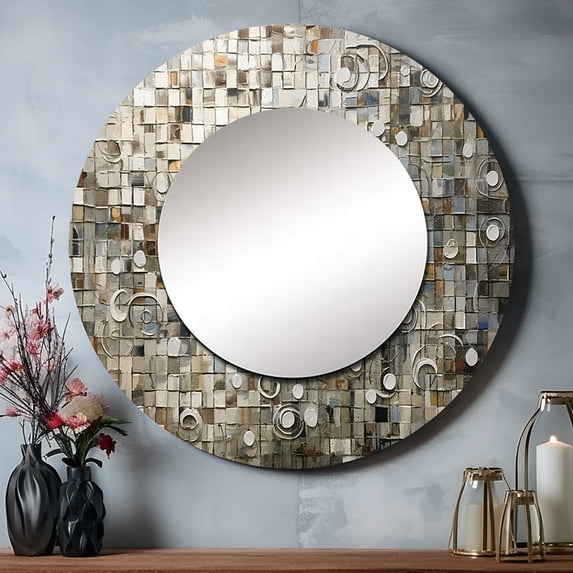 Designart "Bohemian Medley in Brown and White" Boho Mosaic Brown Large Round Mirror - Round Bedroom Mirror Wall Decor - Bohemian Round Printed Mirror - 23" x 23"