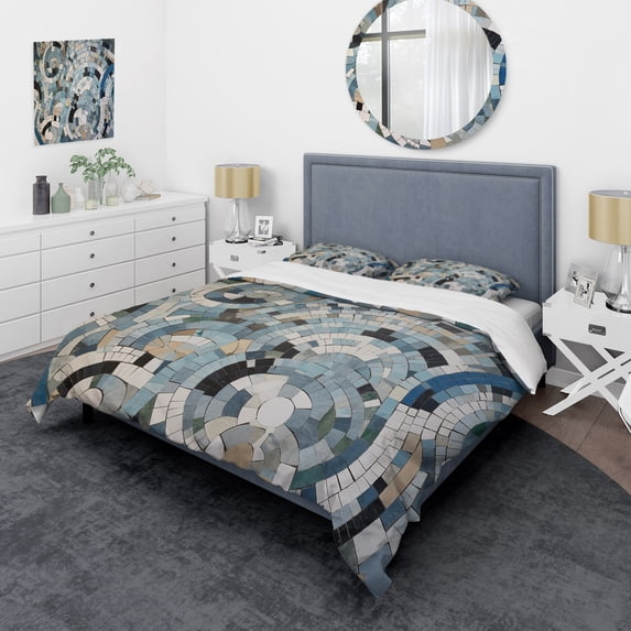 Designart "Bohemian Medley in Blue and White" Boho Mosaic Bedding Covert Set - Bohemian Blue Geometric Bed Set With 2 Shams
