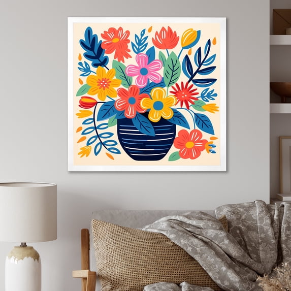 Designart "Bohemian Vase Pottery Blooms in Yellow and Blue III" Geometric Framed Wall Art Decor - Bohemian Yellow Boho Pottery Hallway Framed Wall Art Decor