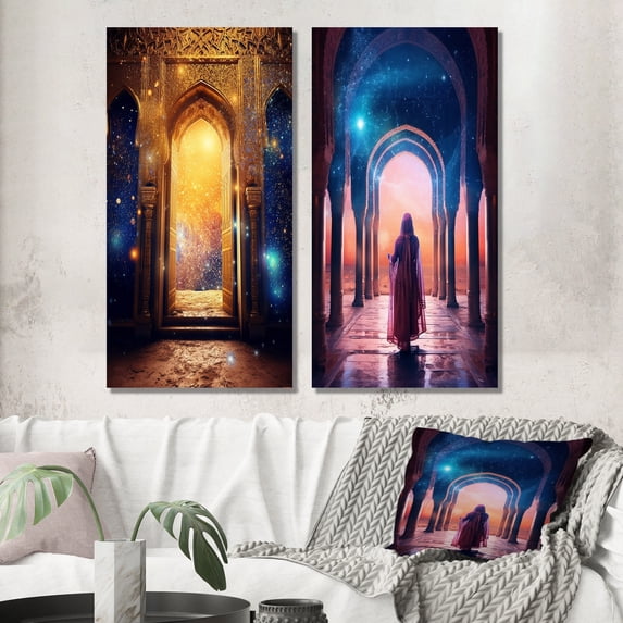 Designart "Bohemian Vibes at Golden Gate" Abstract Wall Art Set Of 2 - Bohemian Gold Gallery Set For Office Decor