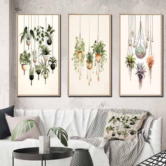 Designart "Boho Botanical Watercolor Hanging Houseplants IV" Abstract Botanicals Framed Wall Art Set Of 3 - Green Modern Frame Gallery Set For Office Decor