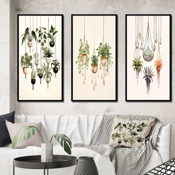 Designart "Boho Botanical Watercolor Hanging Houseplants IV" Abstract Botanicals Framed Wall Art Set Of 3 - Green Modern Frame Gallery Set For Office Decor