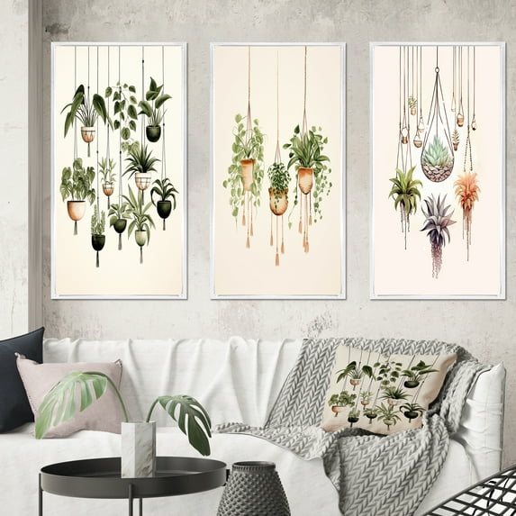 Designart "Boho Botanical Watercolor Hanging Houseplants IV" Abstract Botanicals Framed Wall Art Set Of 3 - Green Modern Frame Gallery Set For Office Decor