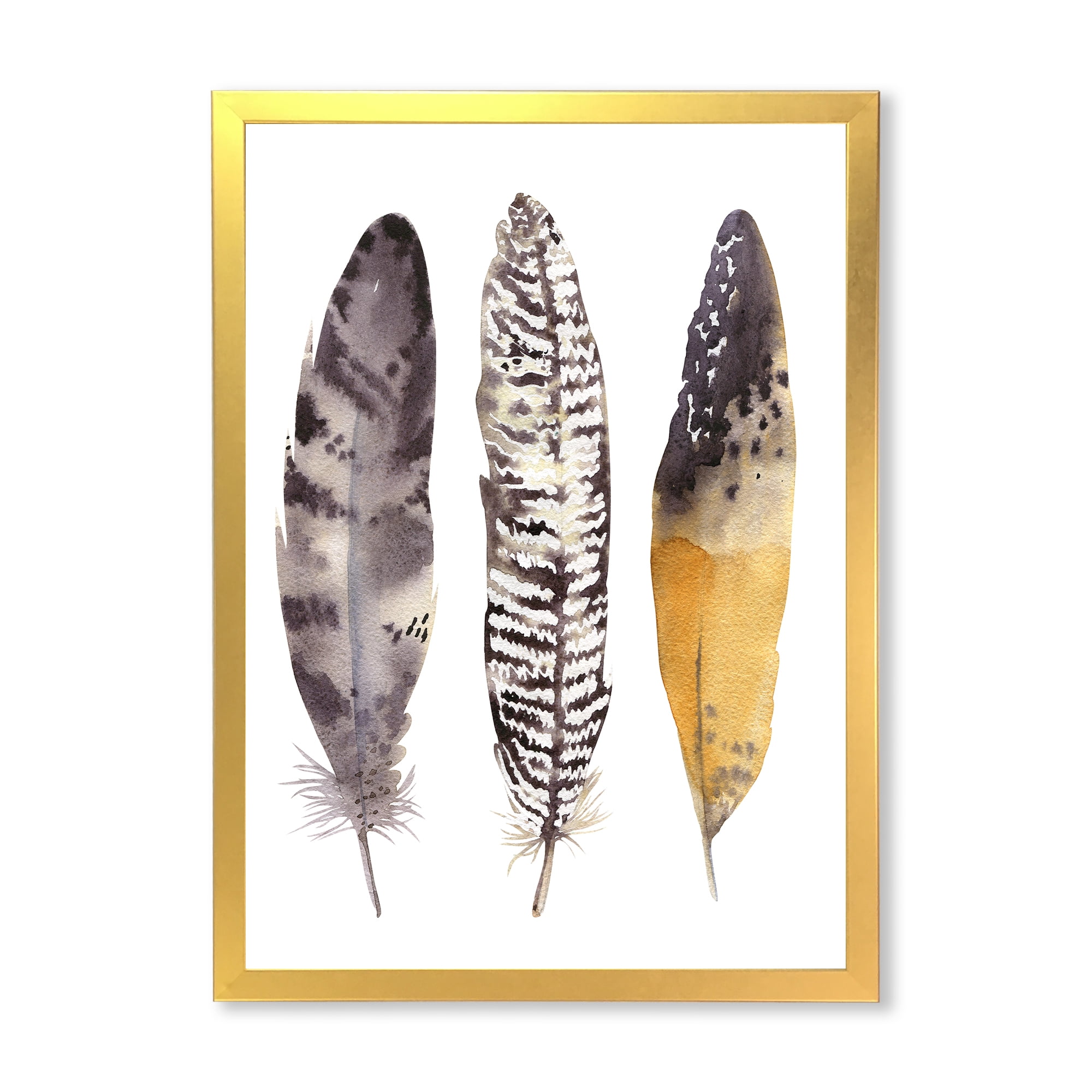 Designart 'Boho Ethnic Art Dark Gray Feathers III' Bohemian & Eclectic Framed Art Print